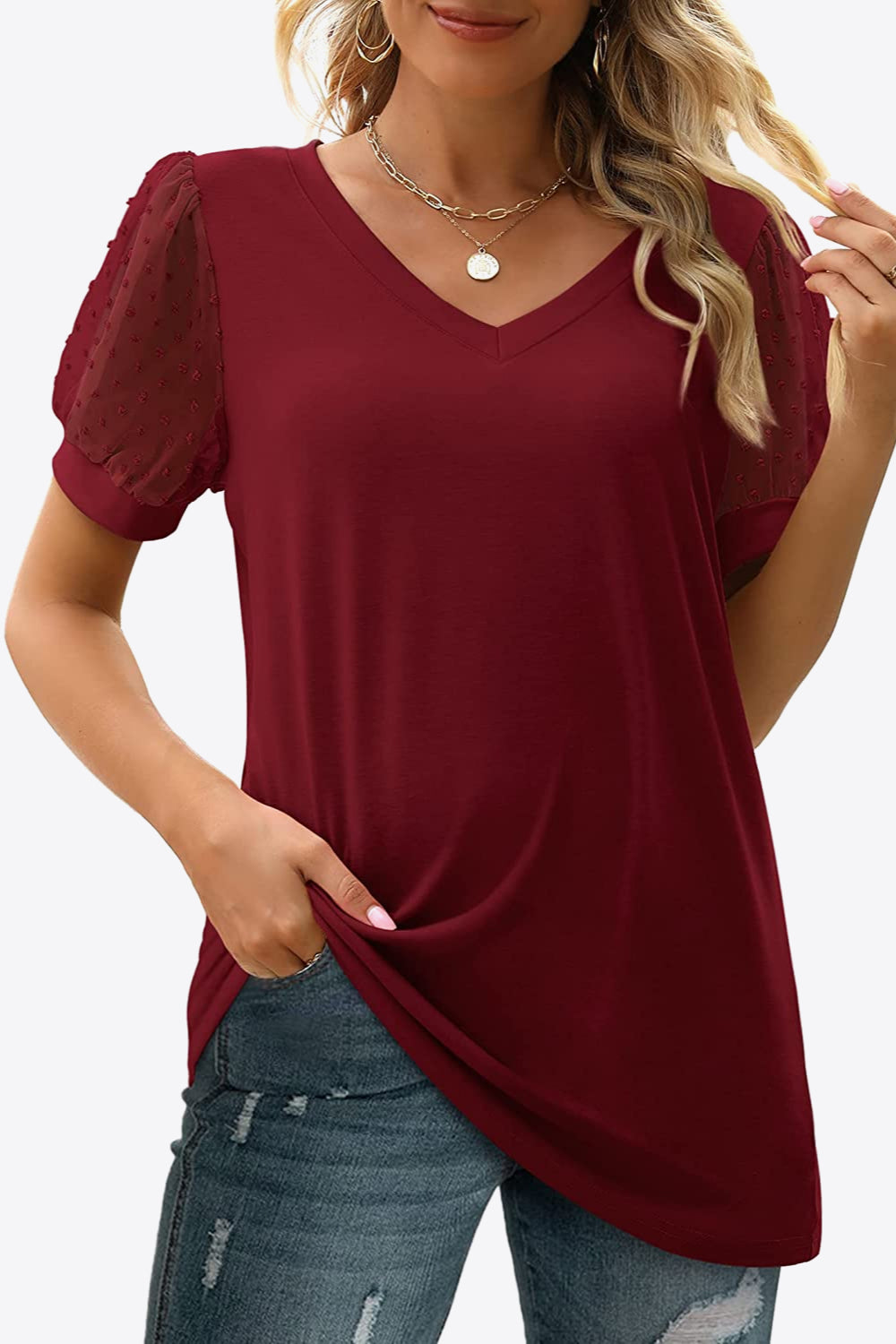 Swiss Dot Puff Sleeve V-Neck Tee-Angel Casuals