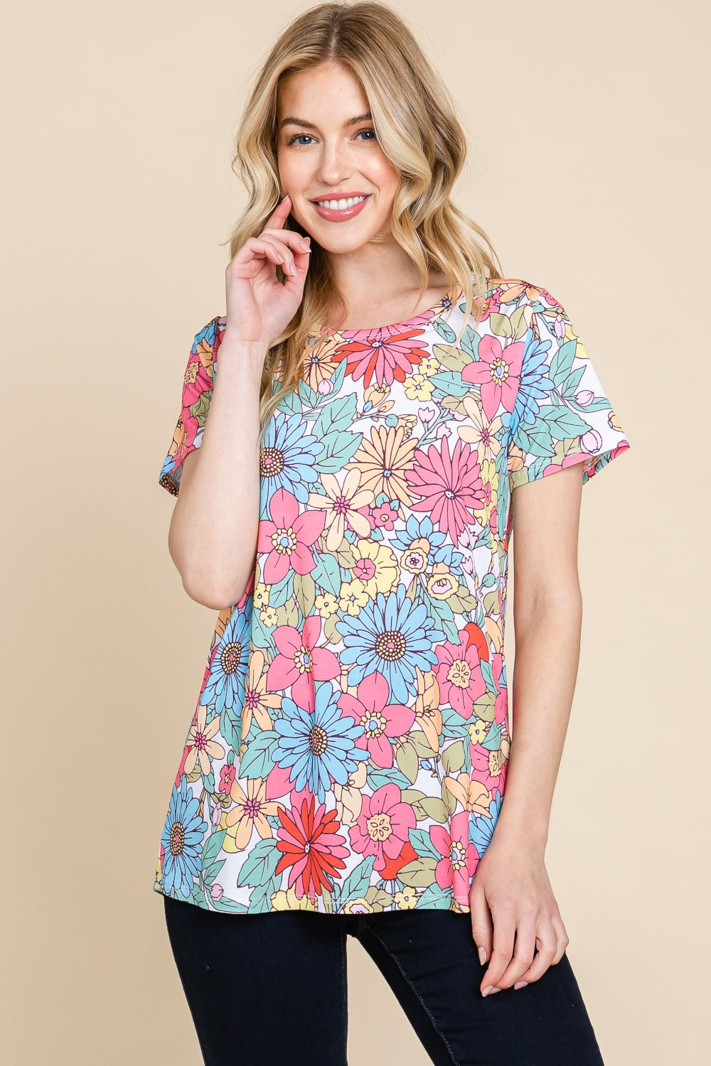 BOMBOM Floral Short Sleeve T-Shirt-Angel Casuals