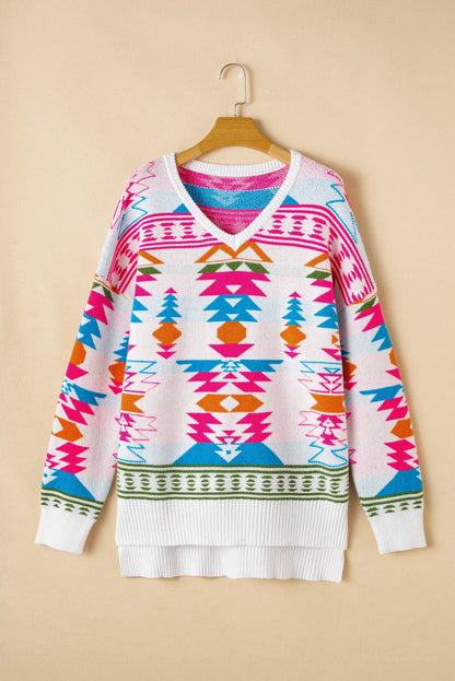 Geometric V-Neck Long Sleeve Sweater-Angel Casuals