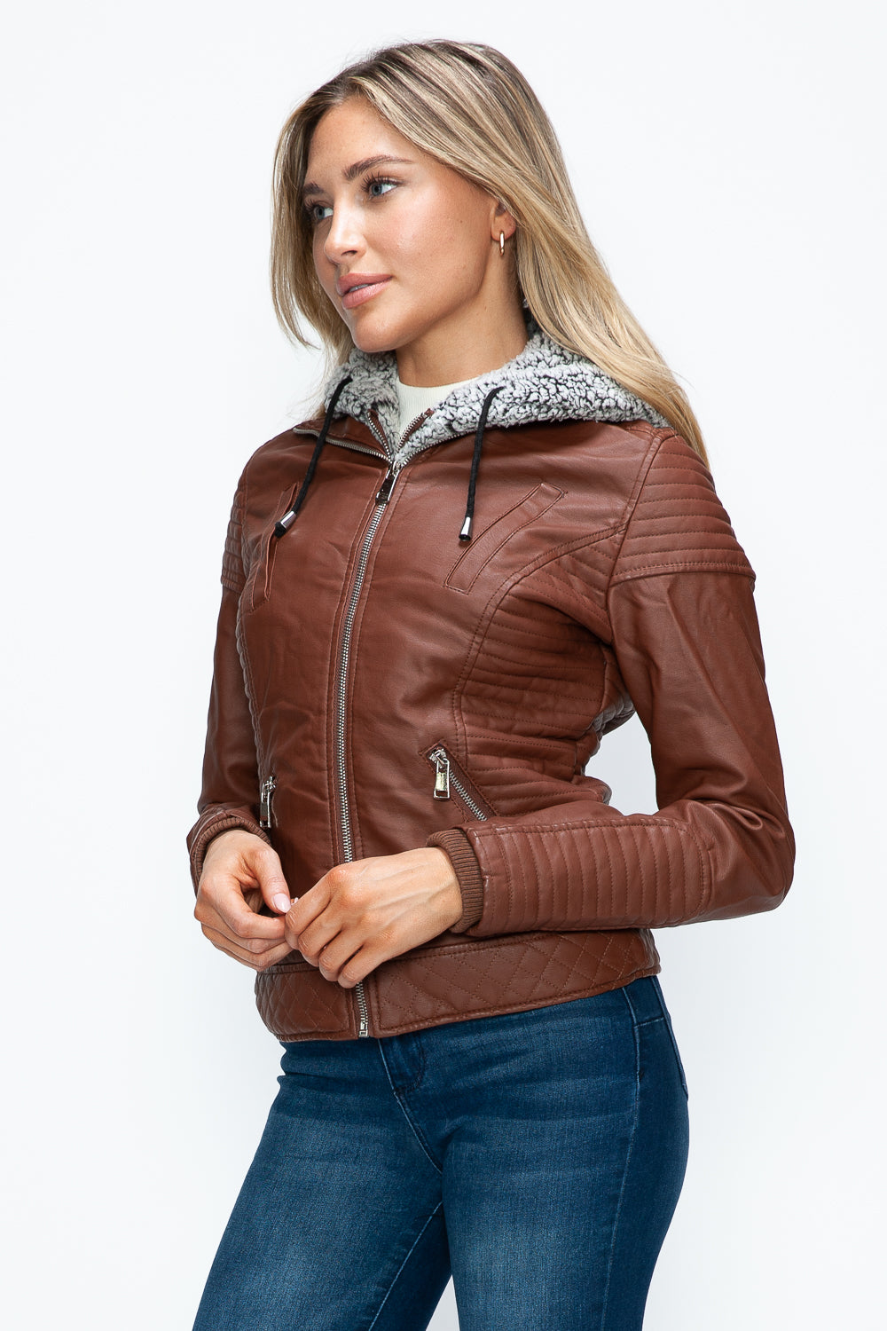 YMI Faux Layered Double-Zipper Jacket with Fuzzy Hood-Angel Casuals