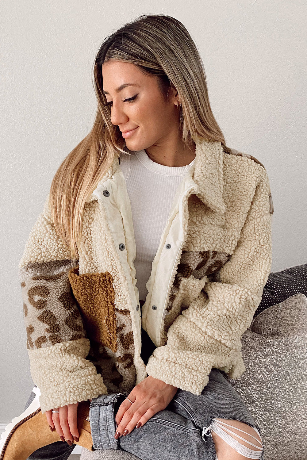 Pocketed Leopard Collared Neck Sherpa Jacket-Angel Casuals