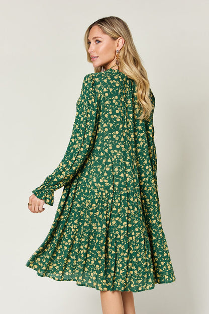 Double Take Full Size Printed Ruffle Hem Long Sleeve Dress-Angel Casuals