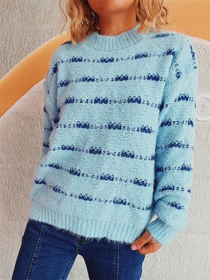 Striped Round Neck Long Sleeve Sweater-Angel Casuals