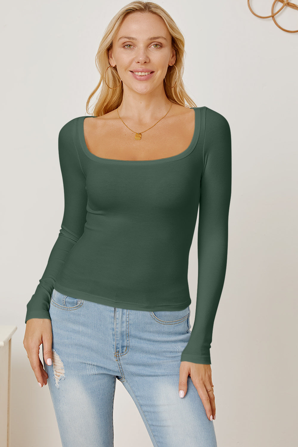 Square Neck Long Sleeve T-Shirt-Angel Casuals