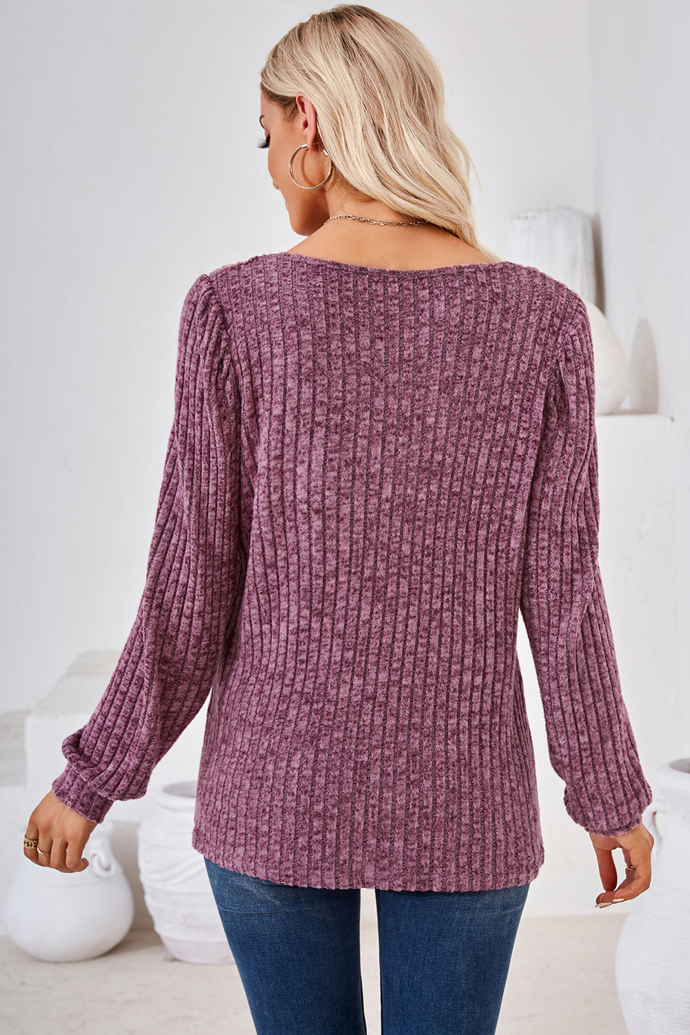 Ribbed Square Neck Long Sleeve T-Shirt-Angel Casuals