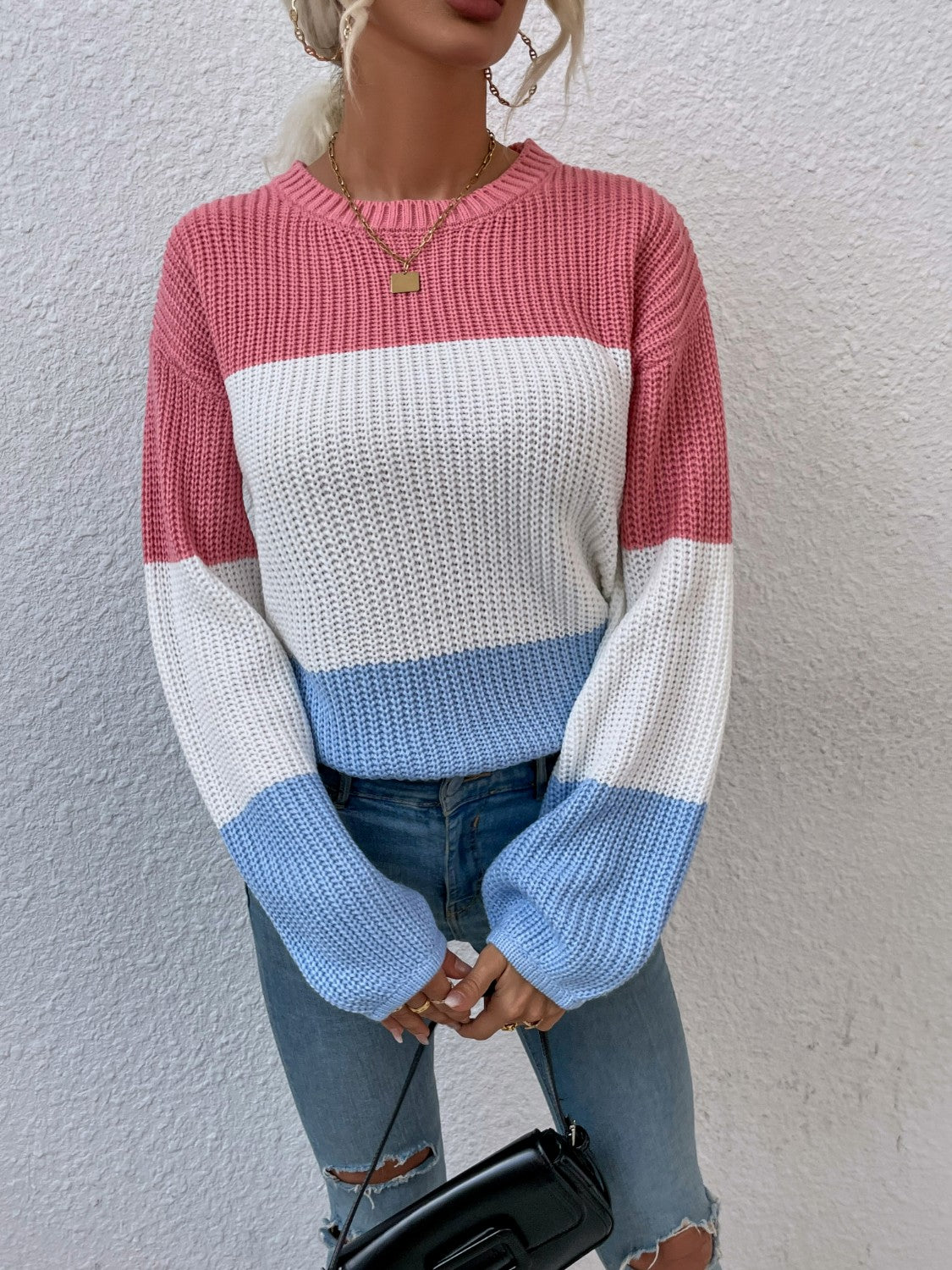 Color Block Round Neck Sweater-Angel Casuals