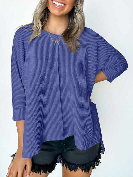 Textured Round Neck Three-Quarter Sleeve Blouse-Angel Casuals