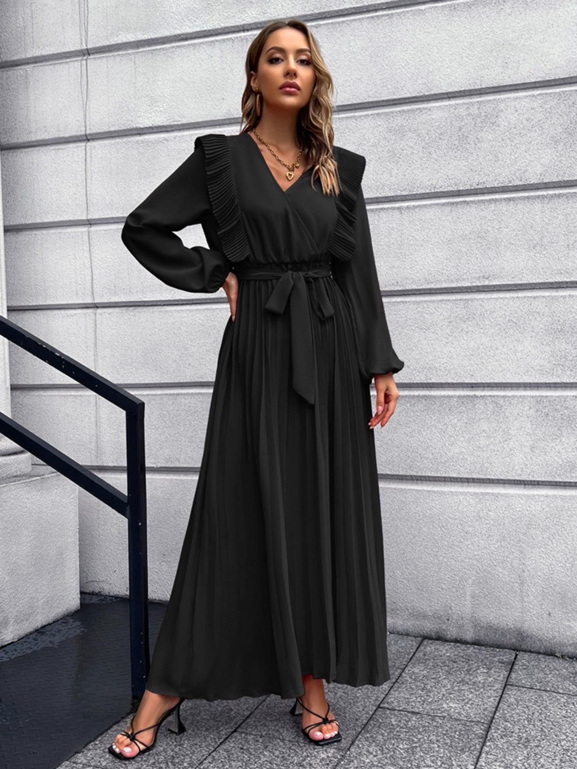 Pleated Surplice Tie Waist Maxi Dress-Angel Casuals