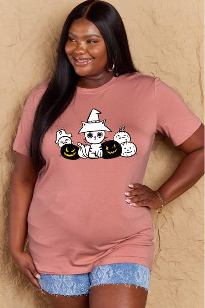 Simply Love Full Size Cat & Pumpkin Graphic Cotton T-Shirt-Angel Casuals