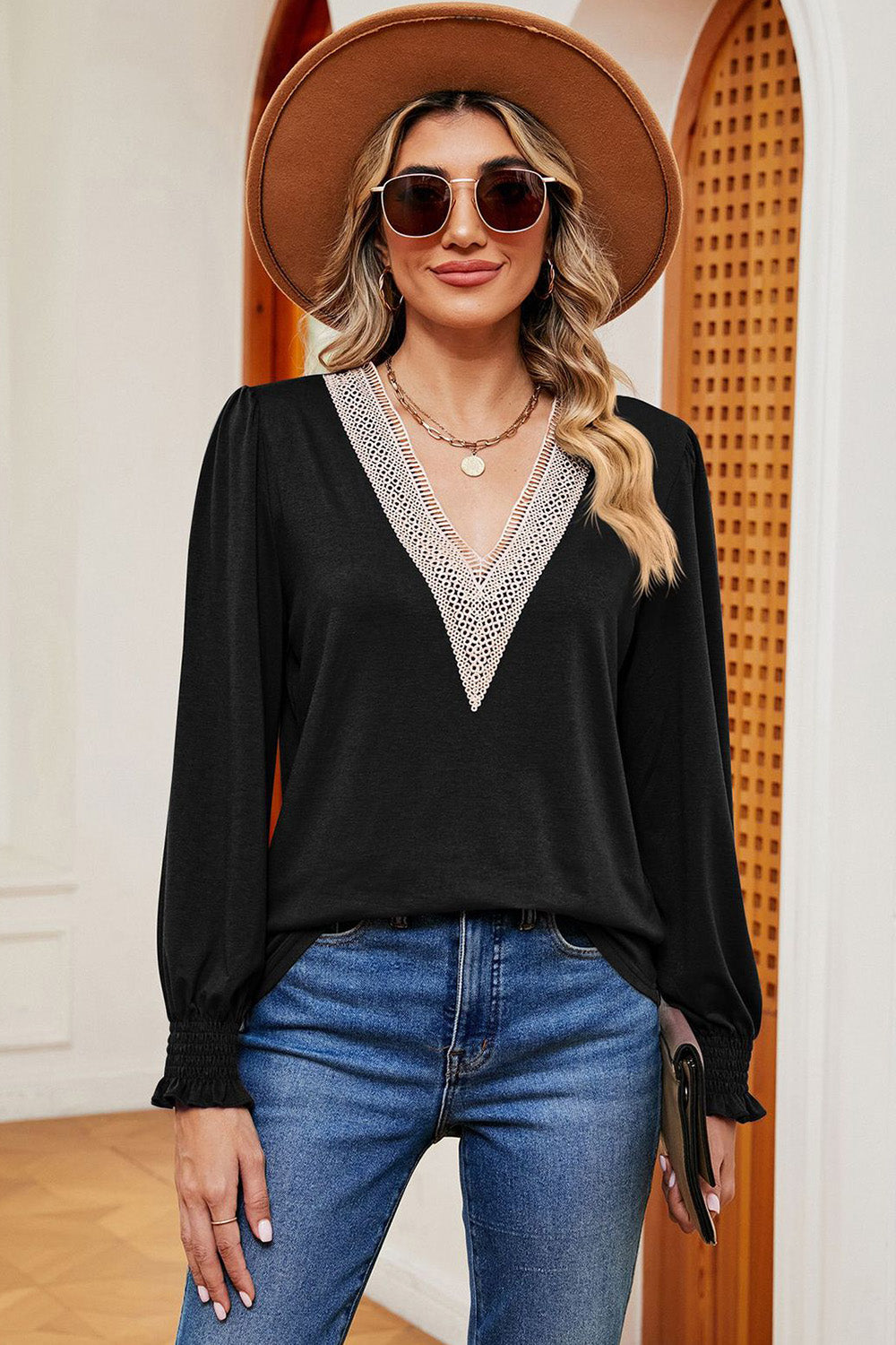 Lace Detail V-Neck Lantern Sleeve T-Shirt-Angel Casuals