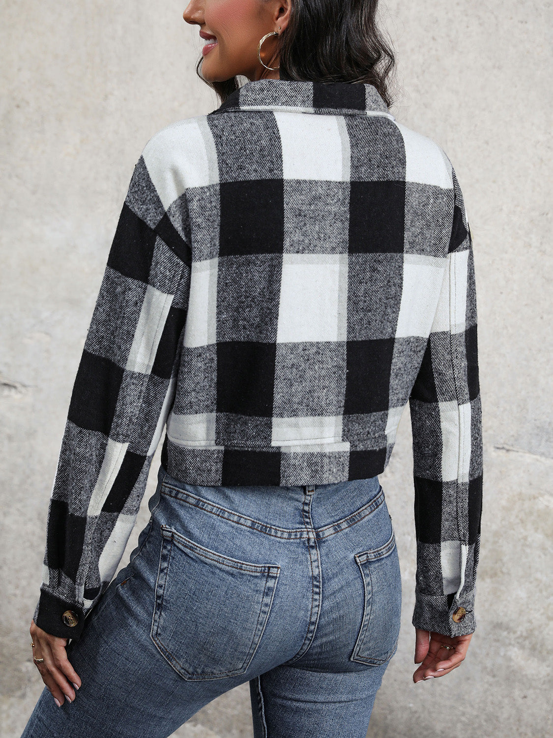 Perfee Plaid Button Up Drop Shoulder Cropped Jacket-Angel Casuals