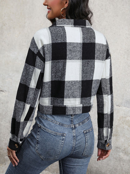 Perfee Plaid Button Up Drop Shoulder Cropped Jacket-Angel Casuals