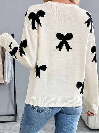 Perfee Bow Graphic Round Neck Long Sleeve Sweater-Angel Casuals