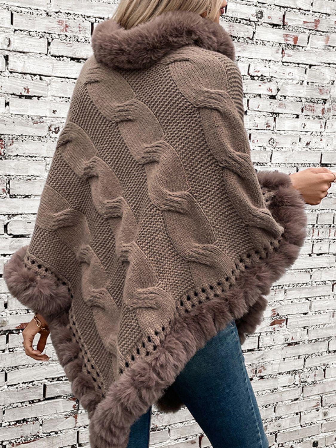 Fuzzy Hem Cable-Knit Poncho-Angel Casuals