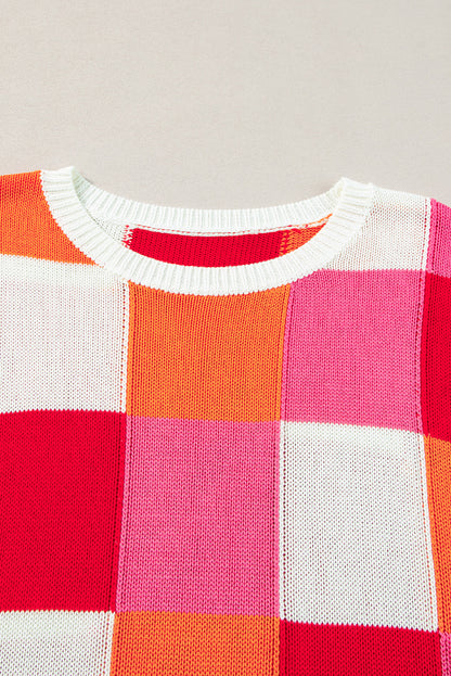 Contrast Plaid Round Neck Cap Sleeve Sweater-Angel Casuals