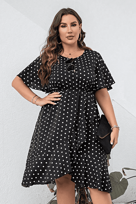 Plus Size Polka Dot Flutter Sleeve Dress-Angel Casuals