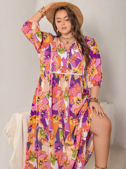 Plus Size Printed Tie Neck Maxi Dress-Angel Casuals