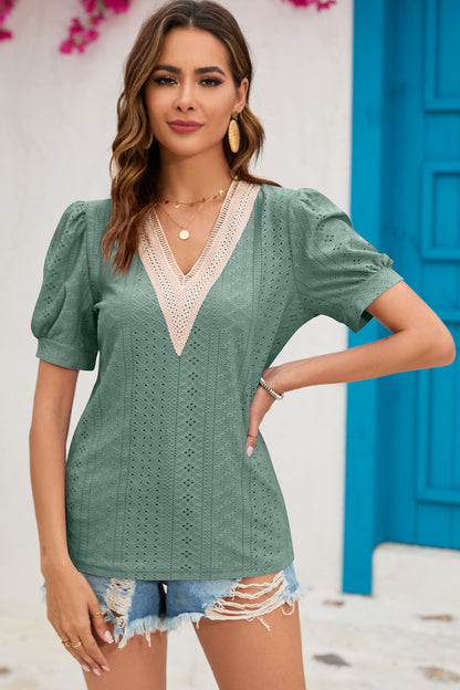 Eyelet V-Neck Short Sleeve T-Shirt-Angel Casuals