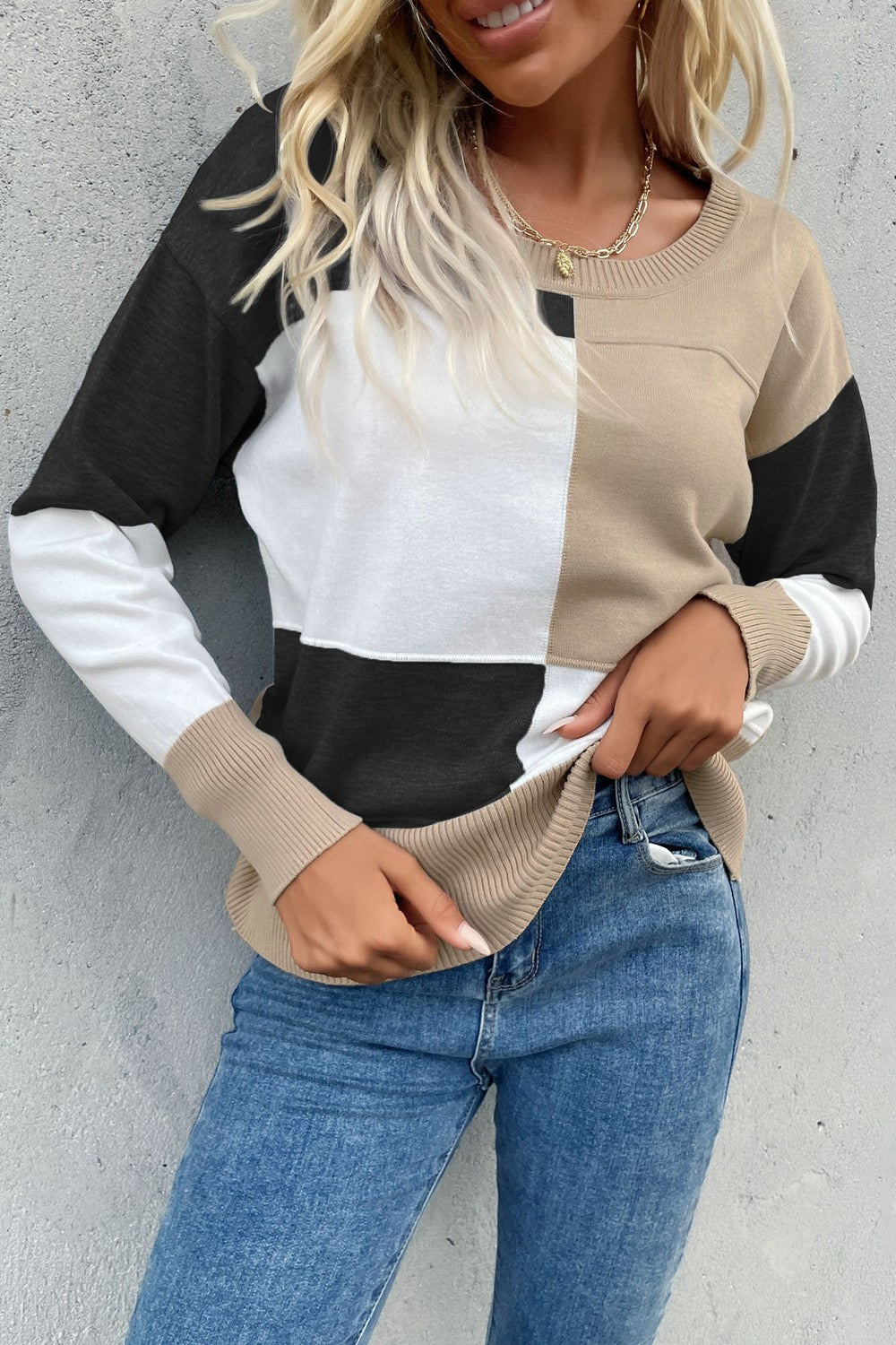 Perfee Color Block Ribbed Trim Round Neck Knit Pullover-Angel Casuals