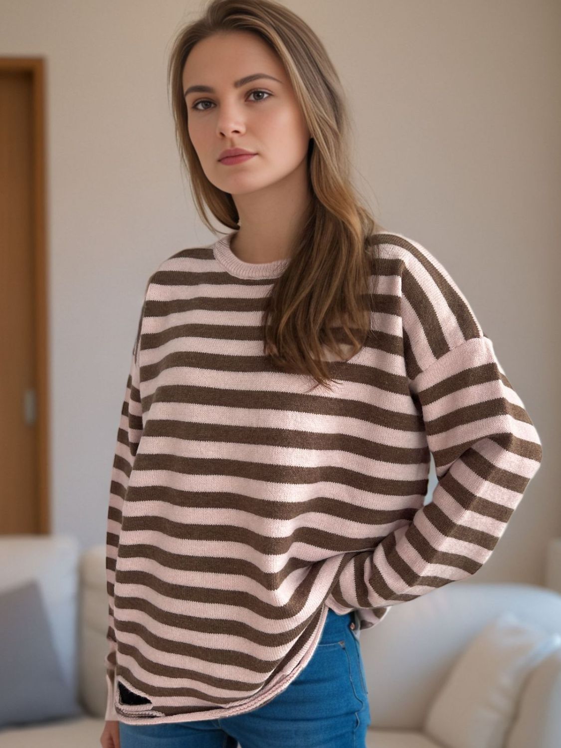 Distressed Striped Round Neck Long Sleeve Sweater-Angel Casuals