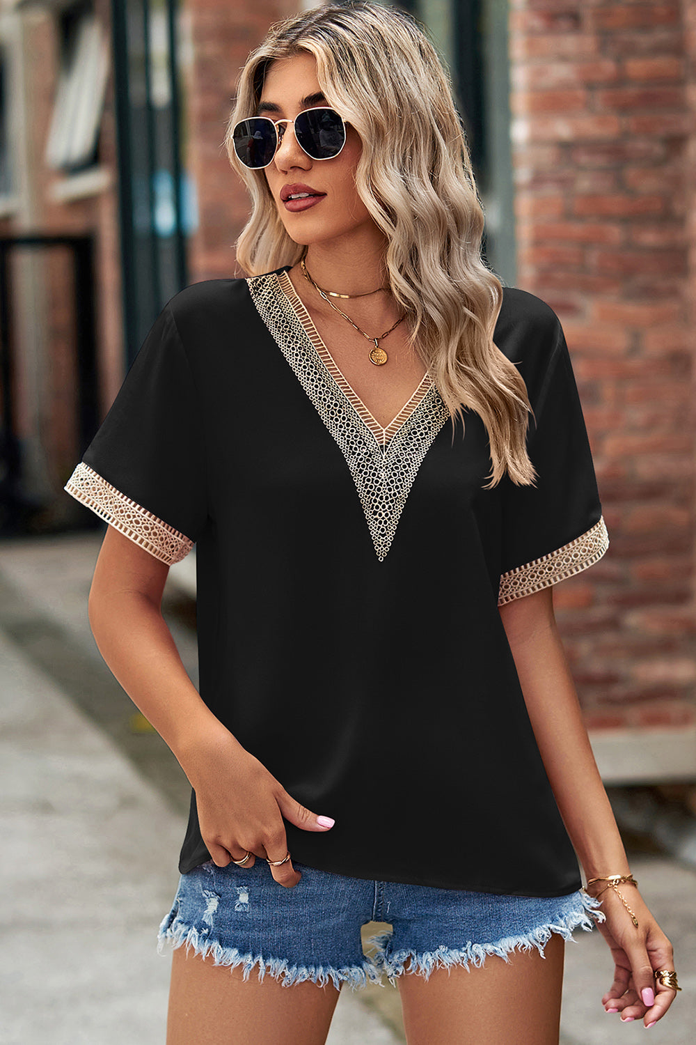 Openwork V-Neck Short Sleeve T-Shirt-Angel Casuals