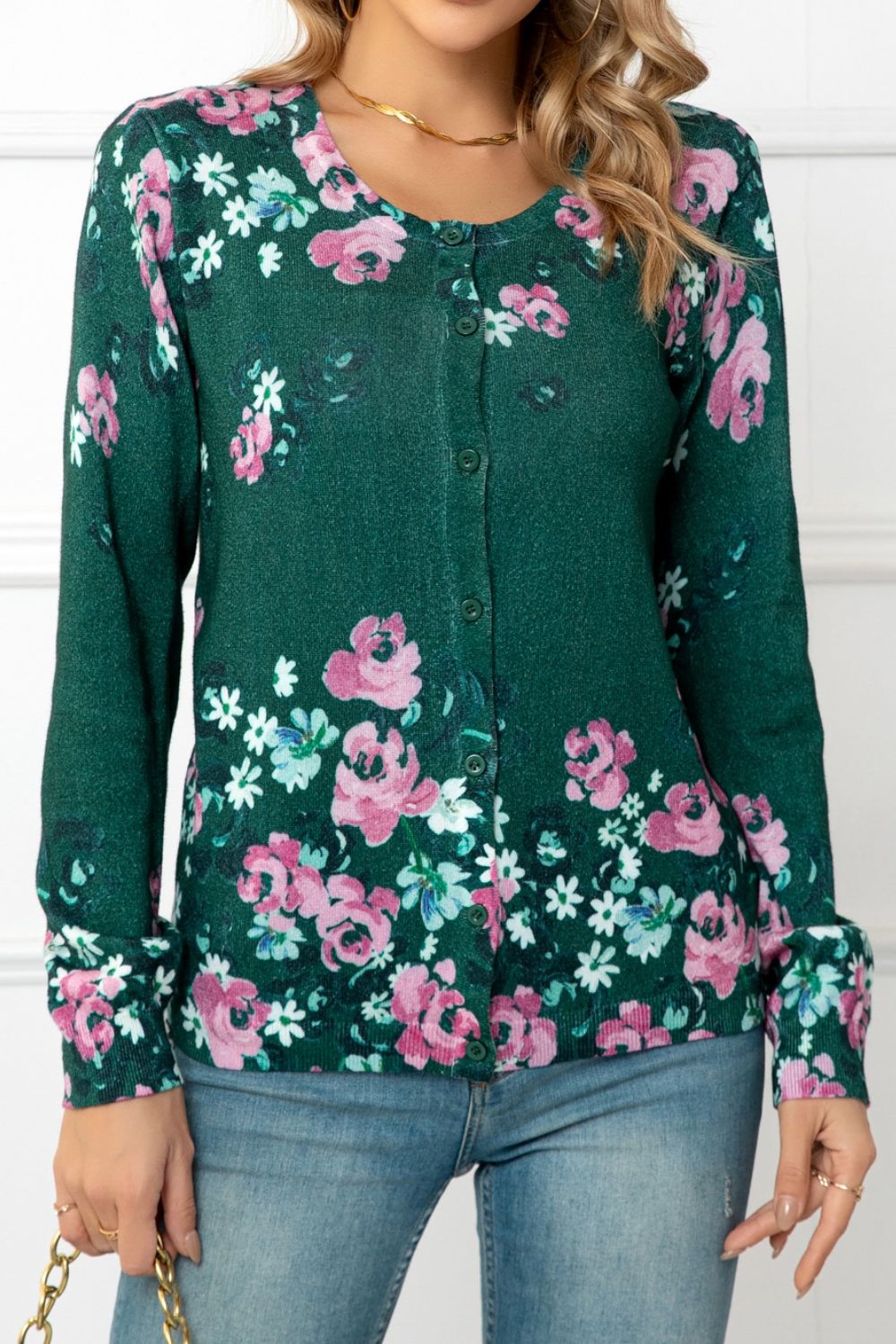 Woven Right Floral Button Front Round Neck Cardigan-Angel Casuals