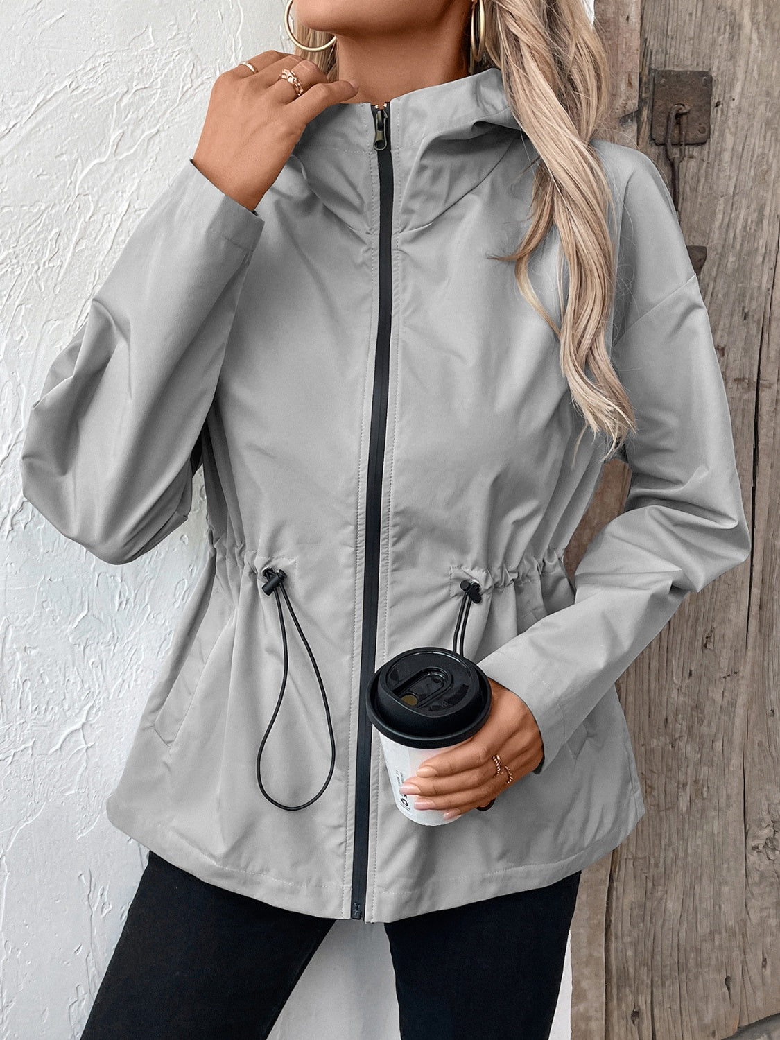 Ivy Lane Drawstring Zip Up Hooded Jacket-Angel Casuals