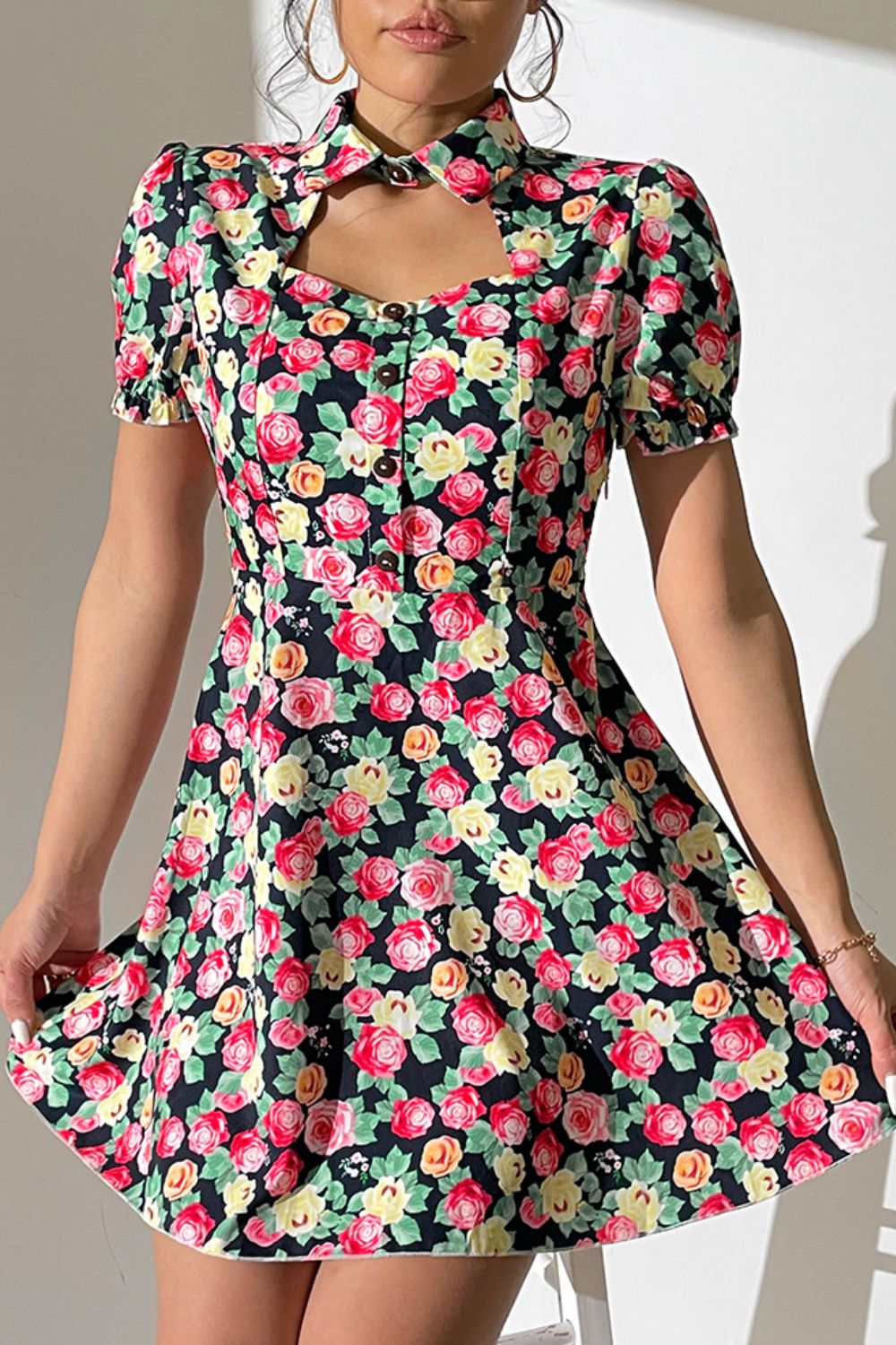 Floral Buttoned Cutout Puff Sleeve Dress-Angel Casuals