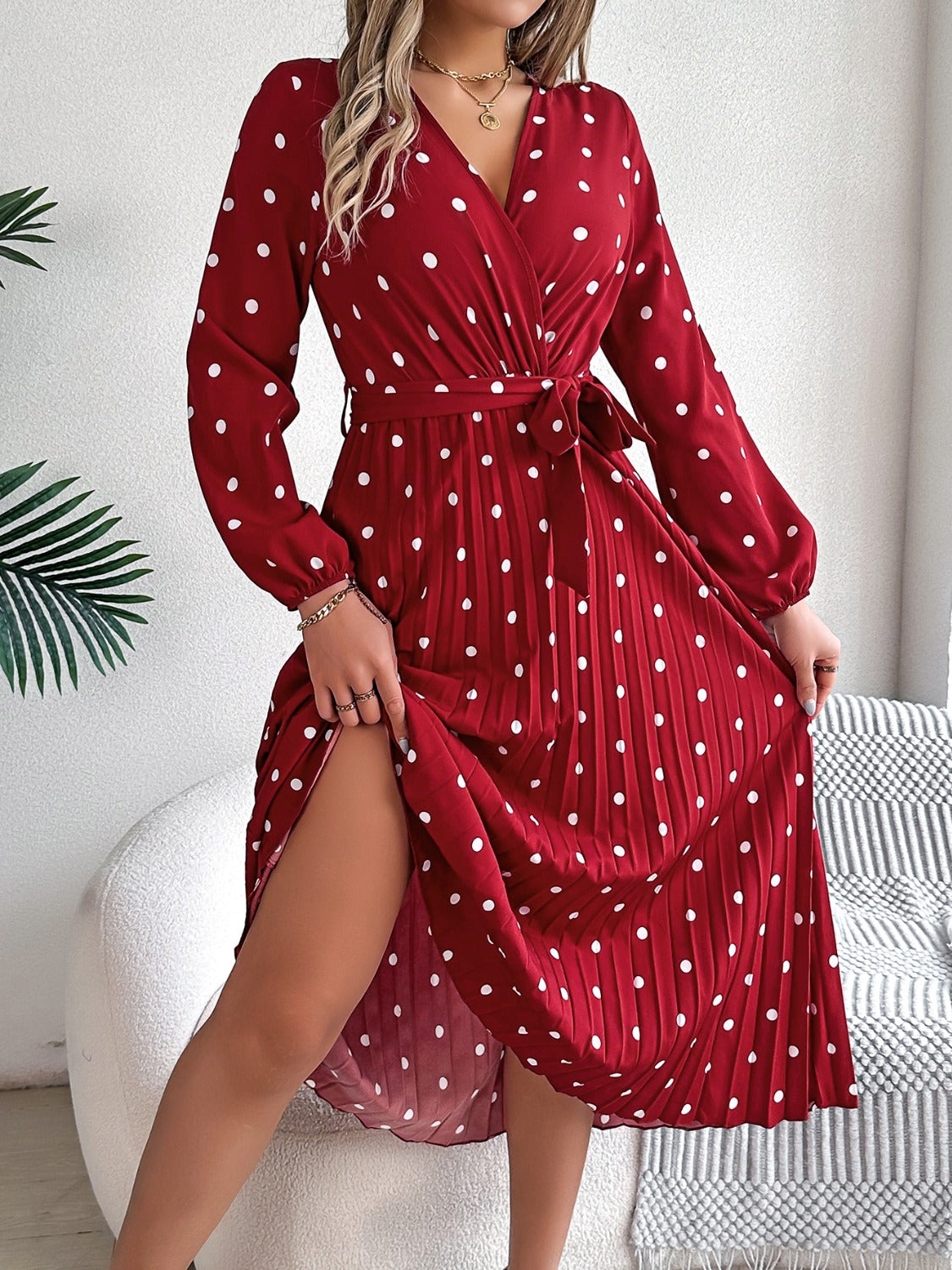 Tied Polka Dot Long Sleeve Midi Dress-Angel Casuals