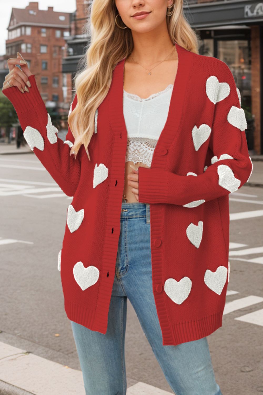 Heart Button Down Long Sleeve Cardigan-Angel Casuals