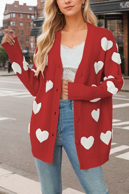 Heart Button Down Long Sleeve Cardigan-Angel Casuals