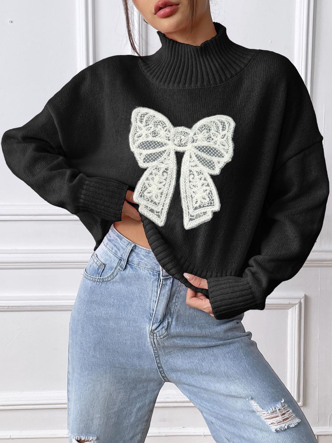 Bow Turtleneck Long Sleeve Sweater-Angel Casuals