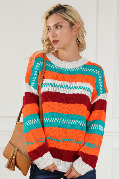 Contrast Striped Round Neck Long Sleeve Sweater-Angel Casuals