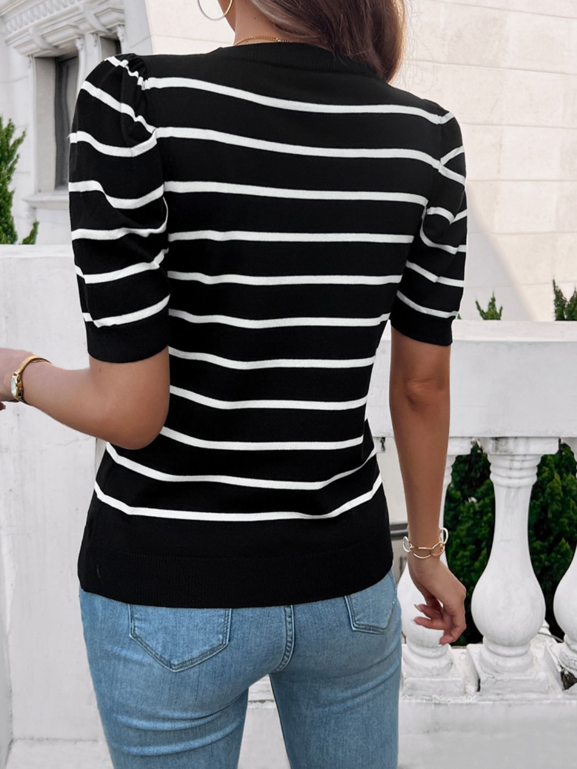 Devine Striped Round Neck Puff Sleeve Knit Top-Angel Casuals