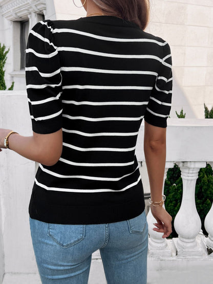 Devine Striped Round Neck Puff Sleeve Knit Top-Angel Casuals