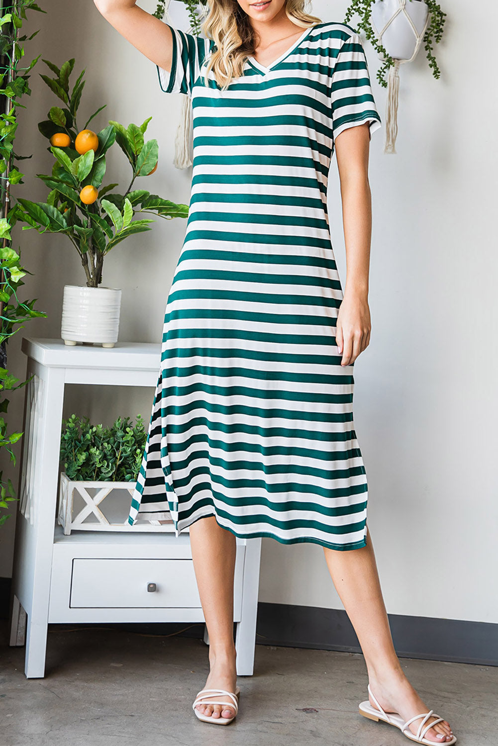 Striped V-Neck Short Sleeve Side Slit Dress-Angel Casuals