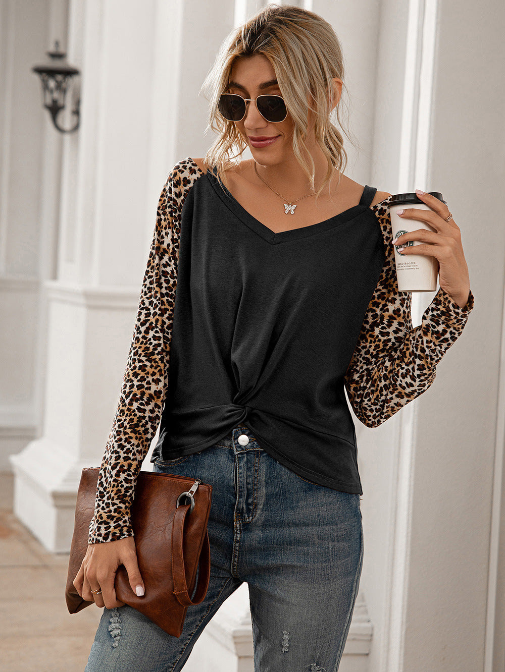 Leopard Twist Front Cold-Shoulder Tee-Angel Casuals