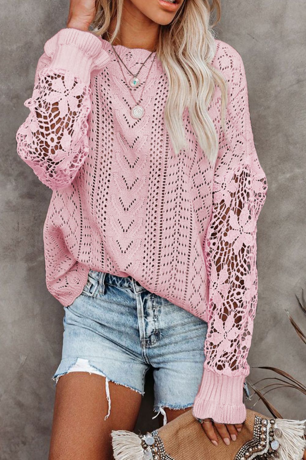 Openwork Round Neck Long Sleeve Sweater-Angel Casuals