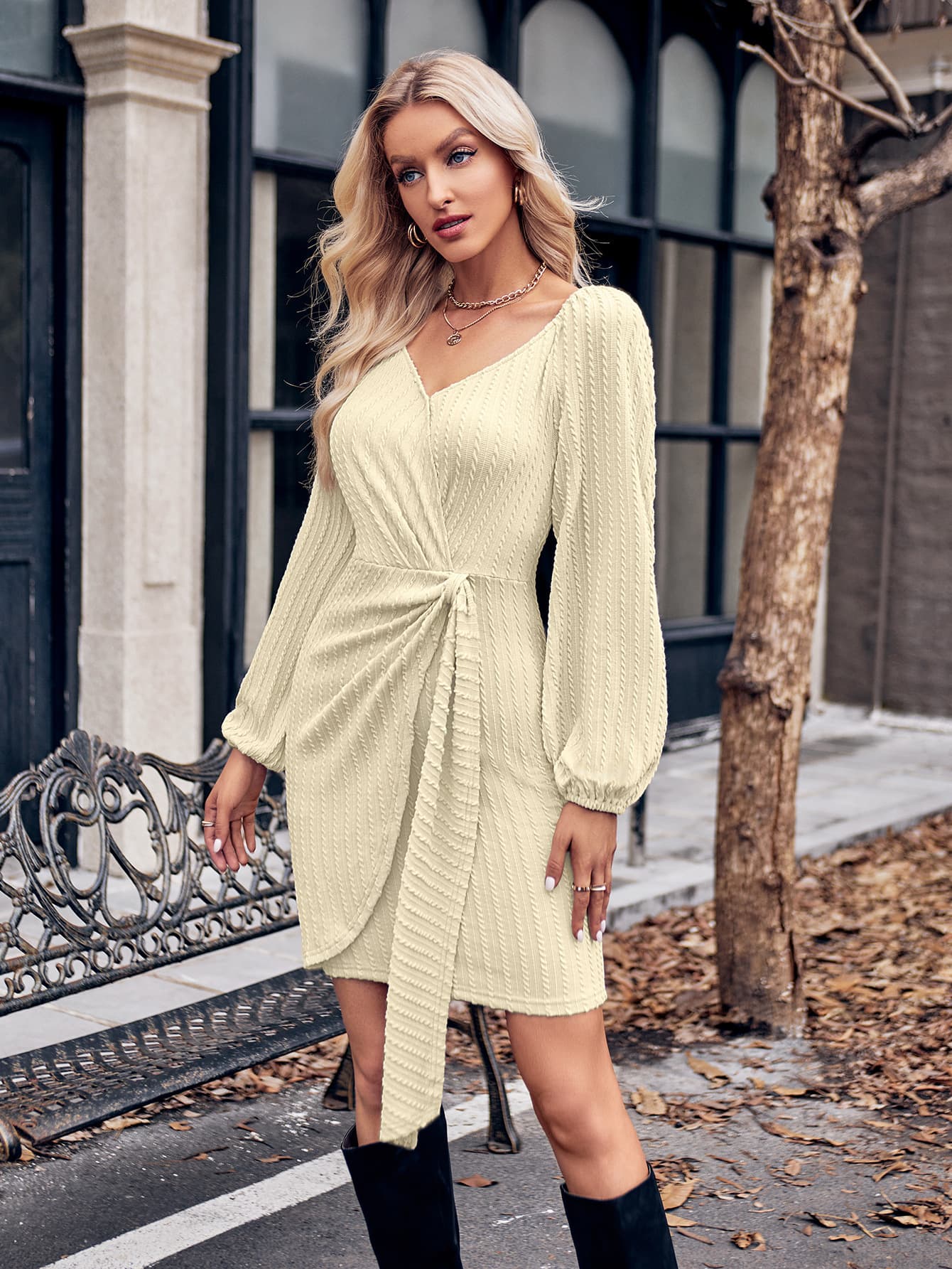 Asymmetrical Surplice Puff Sleeve Mini Dress-Angel Casuals