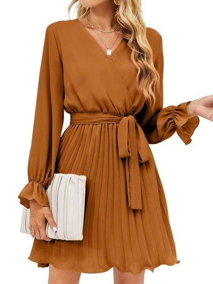 Surplice Flounce Sleeve Pleated Mini Dress-Angel Casuals