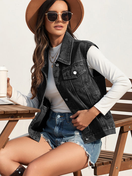 Collared Neck Sleeveless Denim Jacket-Angel Casuals