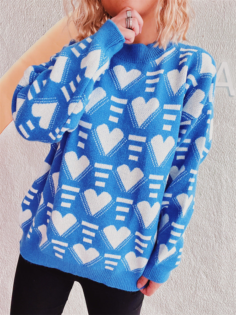 Heart Contrast Long Sleeve Dropped Shoulder Sweater-Angel Casuals