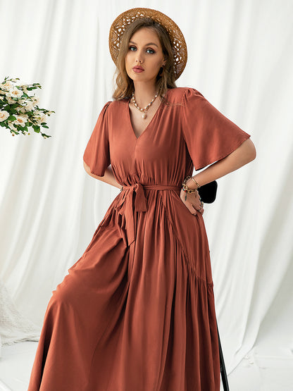 Plus Size V-Neck Flutter Sleeve Midi Dress-Angel Casuals