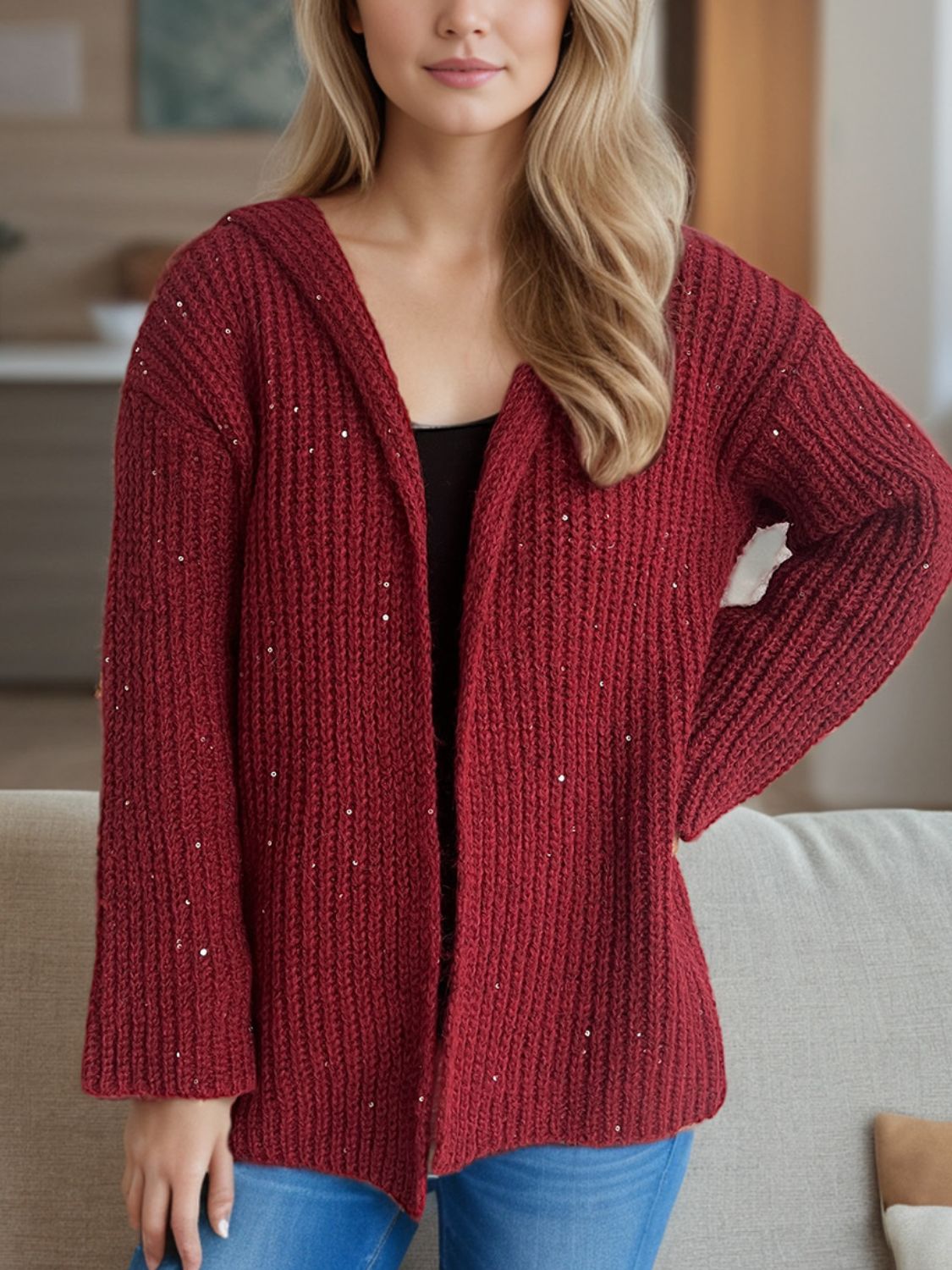 Sequin Detail Long Sleeve Hooded Cardigan-Angel Casuals