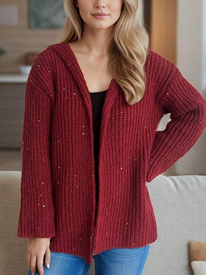 Sequin Detail Long Sleeve Hooded Cardigan-Angel Casuals