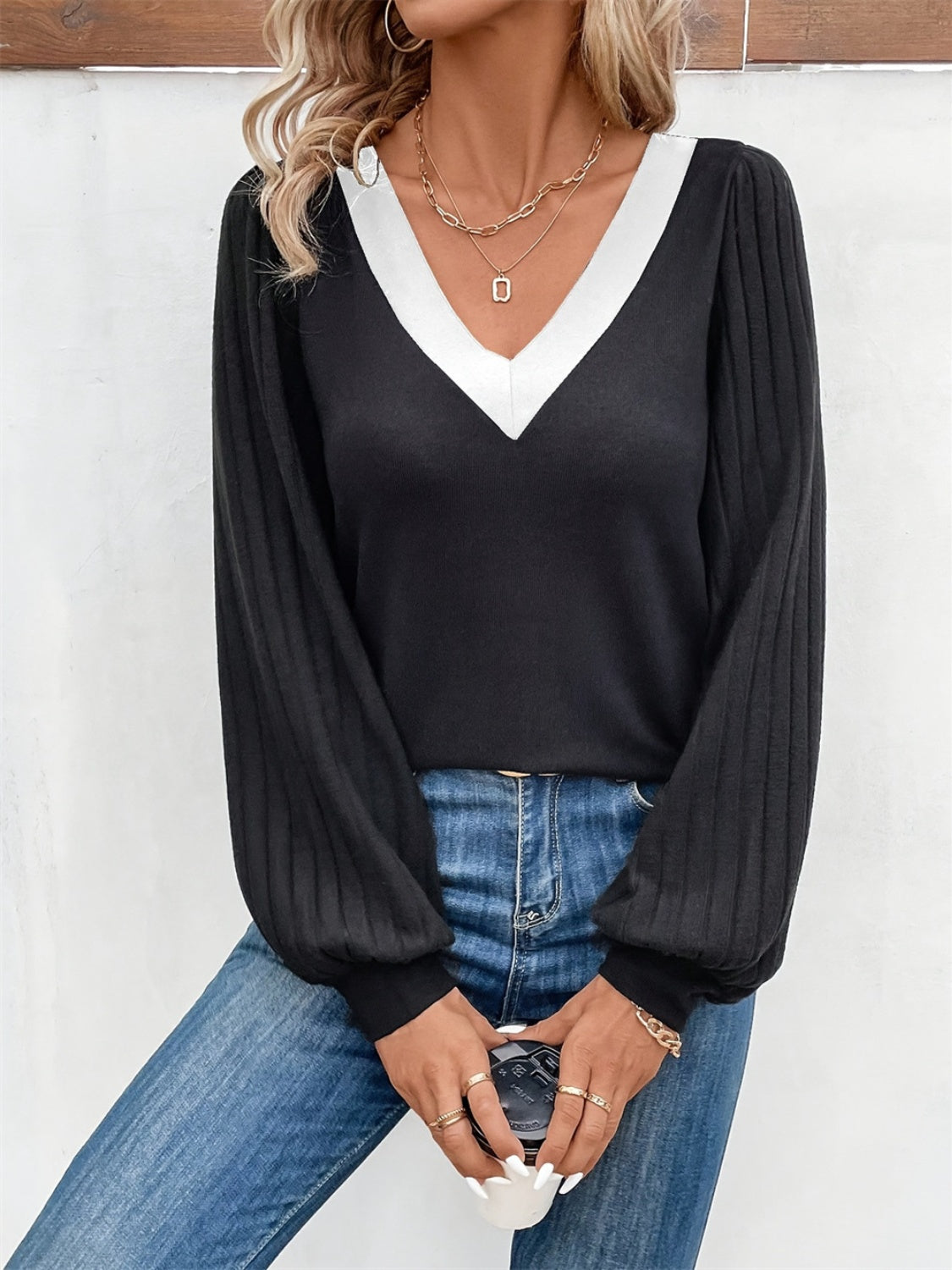 Contrast V-Neck Long Sleeve T-Shirt-Angel Casuals