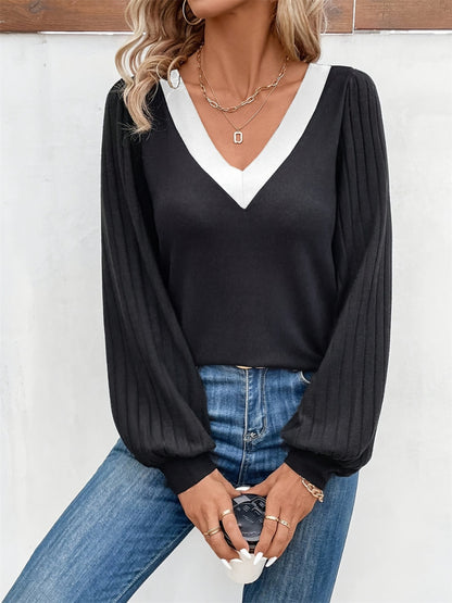 Contrast V-Neck Long Sleeve T-Shirt-Angel Casuals