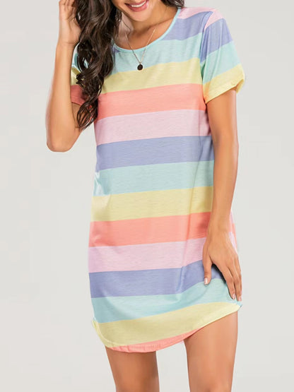 Striped Round Neck Short Sleeve Tee Dress-Angel Casuals