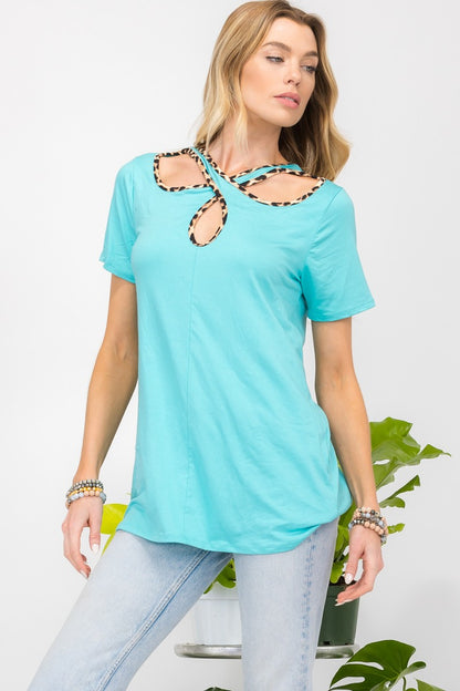 Celeste Full Size Crisscross Cutout Leopard Contrast Trim T-Shirt-Angel Casuals