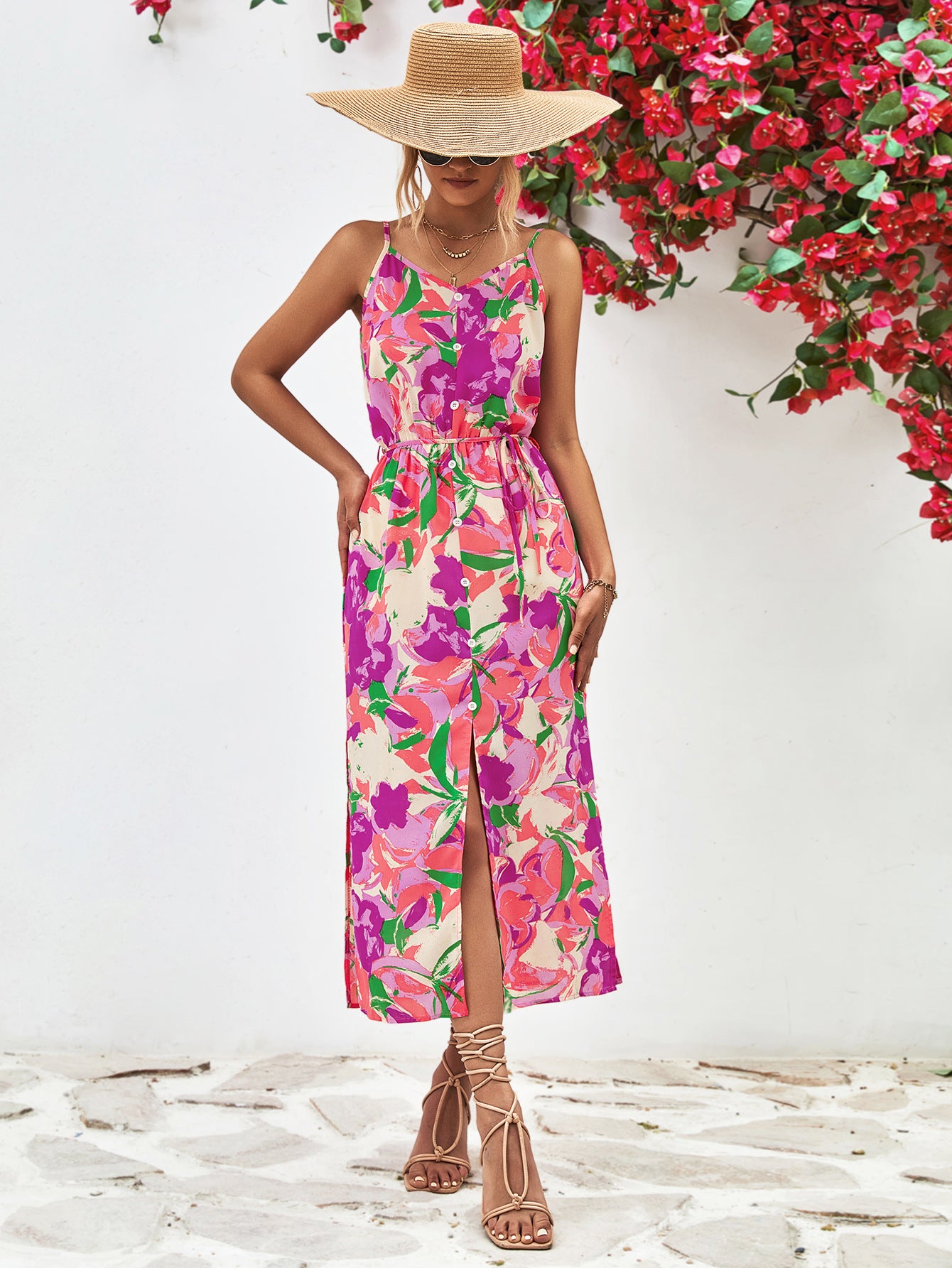 Printed Spaghetti Strap Front Slit Dress-Angel Casuals